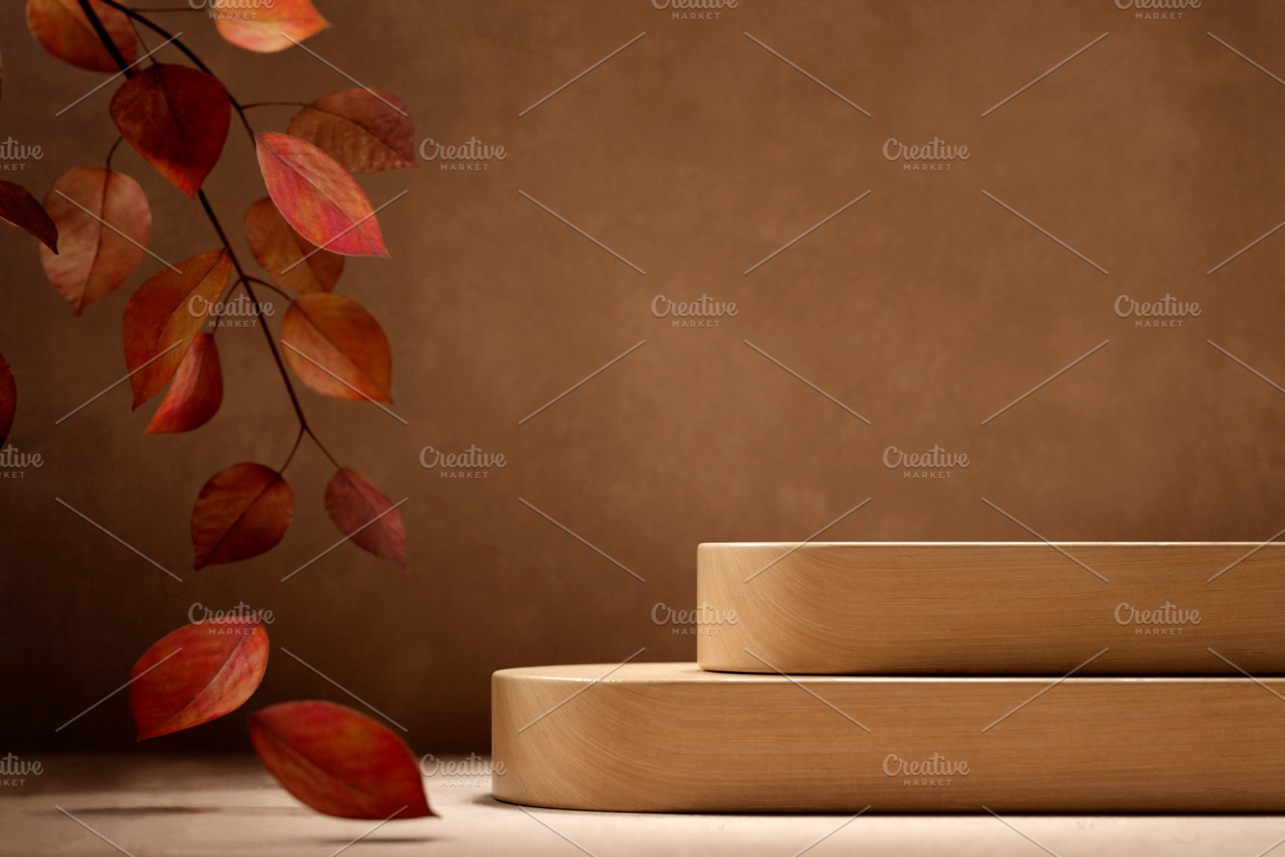 Wood podium and autumn leaves, a Nature Photo by hitdelight