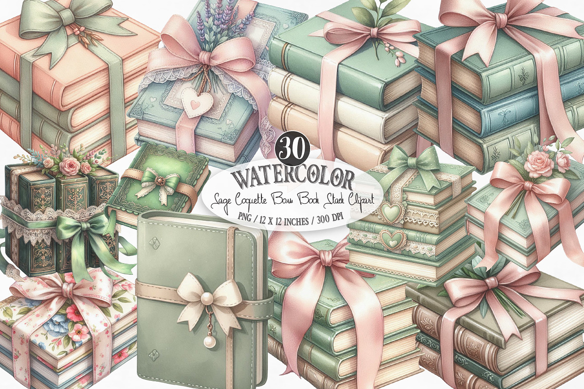 Sage Coquette Bow Book Stack Clipart, an Illustration by Designking (Photo 1 of 4)
