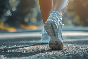 Female feet running in sport shoes on park path, a Photo by AlyaAnd