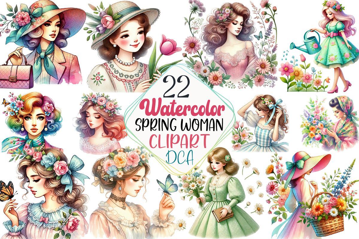 Vintage Spring Woman Clipart, an Illustration by DreamCafeArt (Photo 1 of 5)