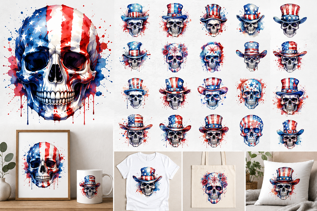American Skull Watercolor Clipart, a Seasonal Illustration by S Graphic Studio (Photo 2 of 4)