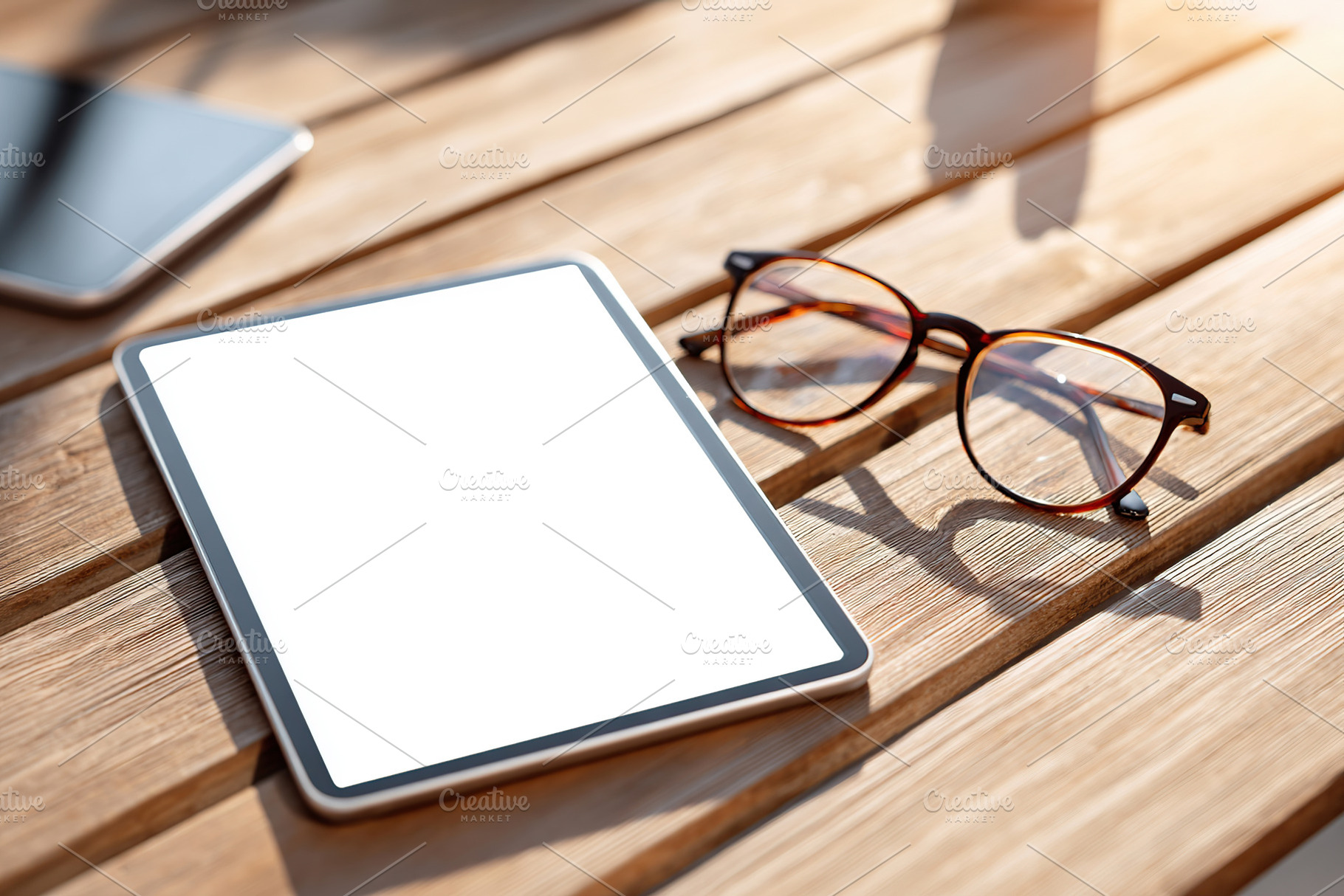 Blank digital tablet frame near glasses on a wooden surface in a bright environ, a Business Photo by AlyaAnd
