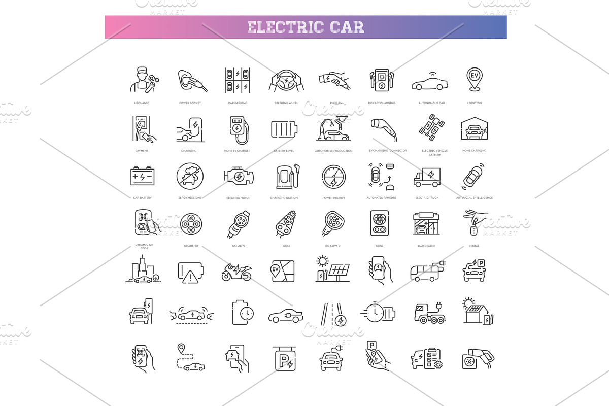 Electric Vehicle Charging Line Icons, an Outline Icon by Tettygreen (Photo 1 of 2)