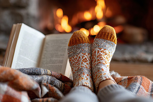 Cozy afternoon by the fireplace with warm socks, a blanket, and a good book, a Photo by AlyaAnd