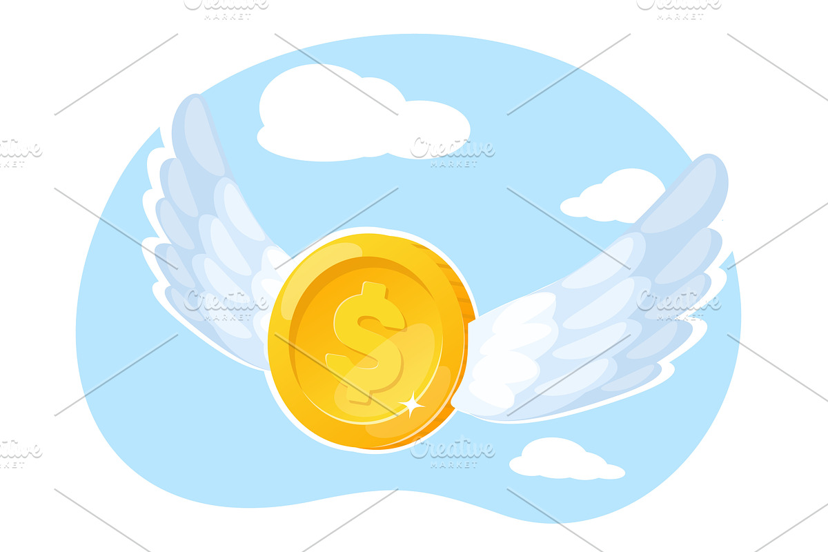 Gold coin with wings flies among sky, a Finance Illustration by Vectorbuum