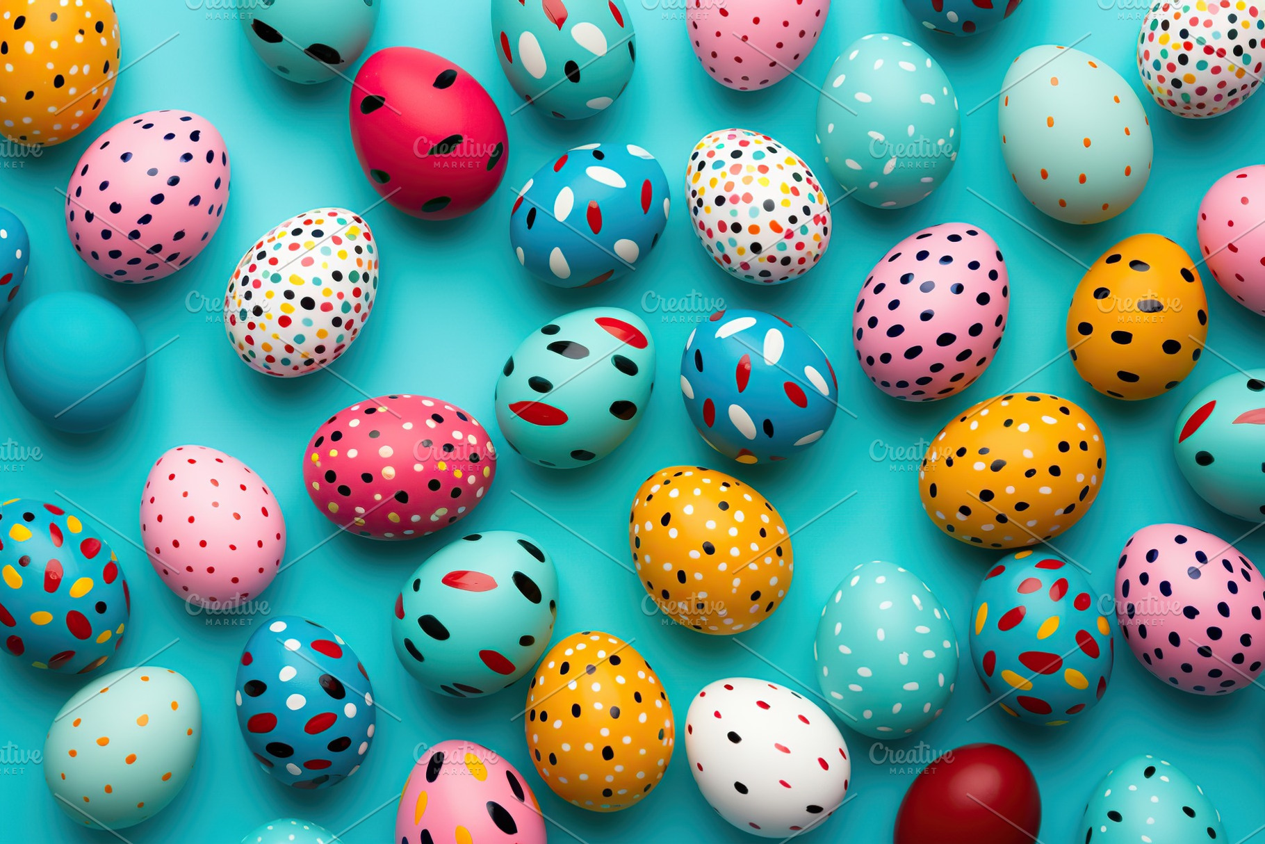 Colorful easter eggs on blue background, a Holiday Photo by AlyaAnd