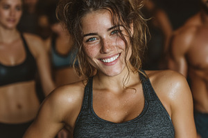 Smiling fitness model leads a group workout in a sunlit gym studio with friends, a Photo by AS photostudio