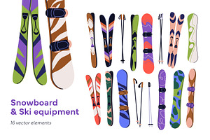 Snowboards, skis and poles set, a Sport Illustration by Good Studio