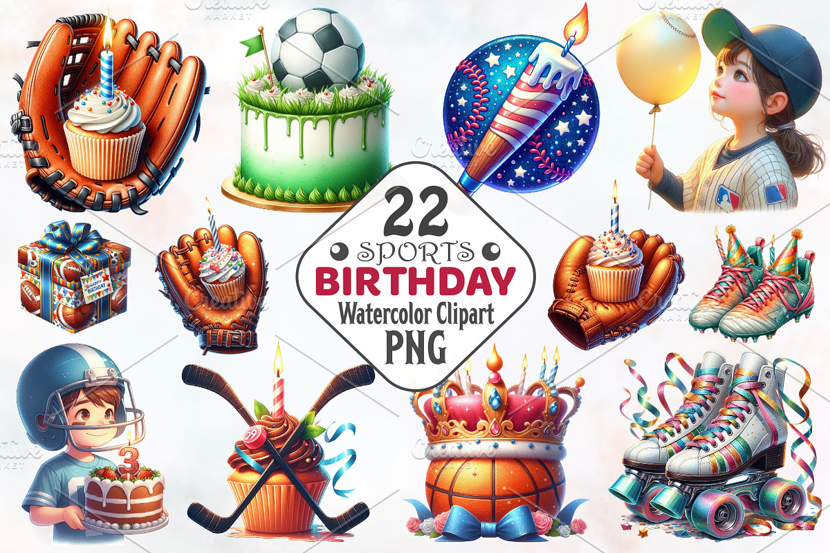 Sports Birthday Watercolor Clipart, an Illustration by RobertsArt (Photo 1 of 8)