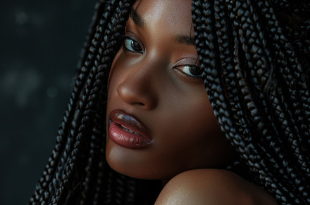 A close-up portrait of a woman with, a Photo by Tanuart