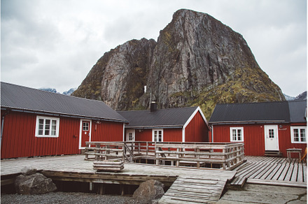 Norway rorbu houses and mountains