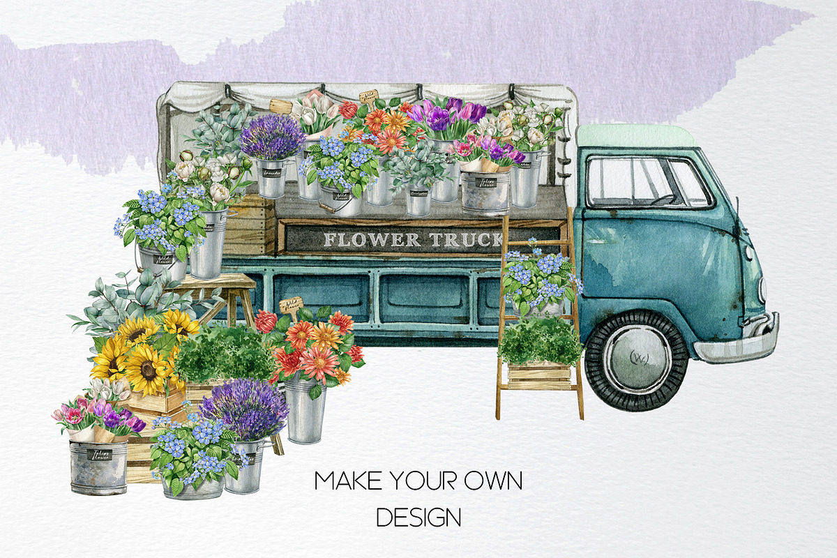 Watercolor flower shop truck cart, an Object Illustration by yana.fefelova (Photo 6 of 6)