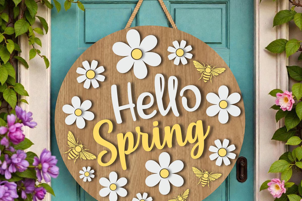 Hello Spring Round Door Hanger SVG, a Graphic by OK Design (Photo 3 of 3)