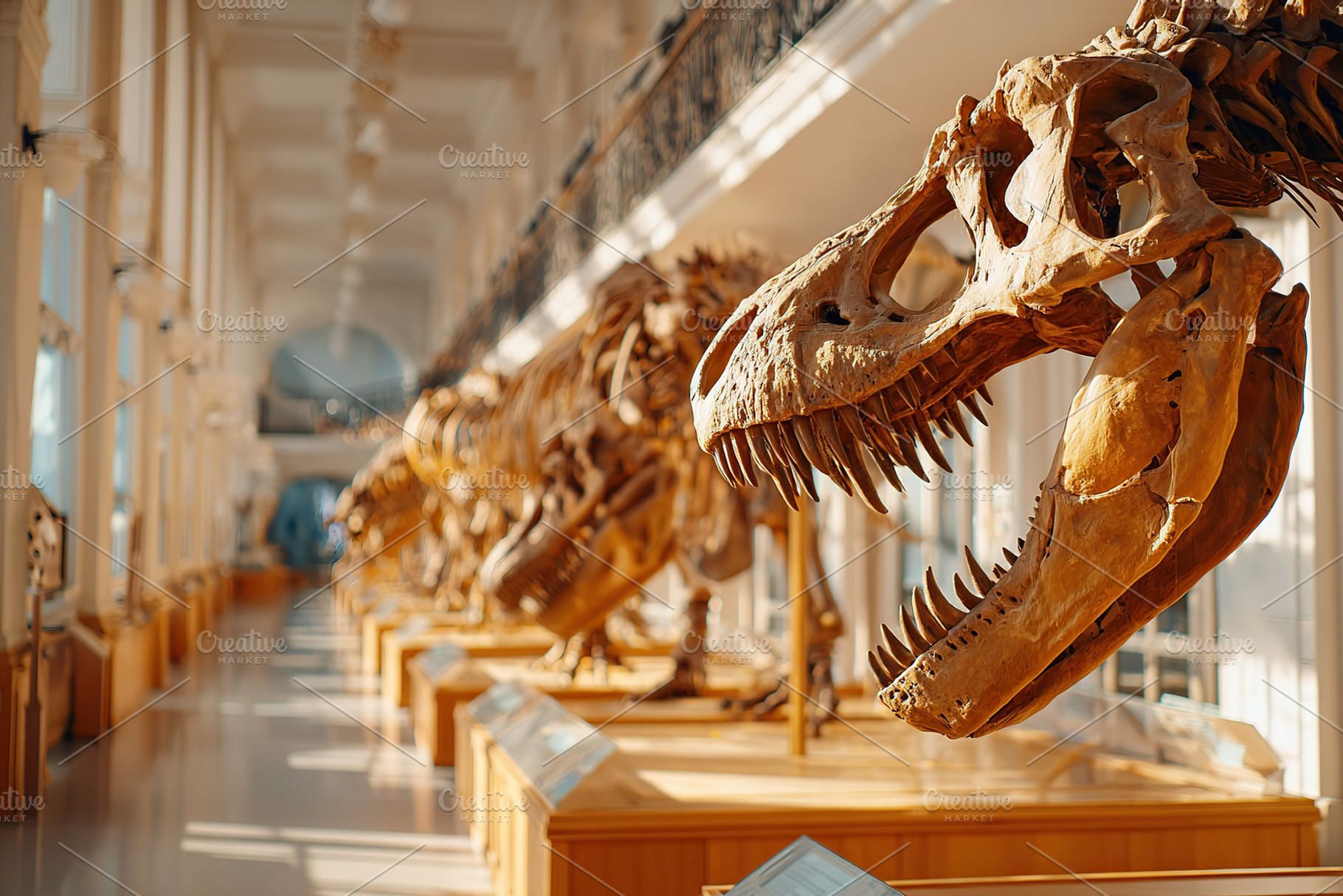 Virtual dinosaurs fill an empty hall displaying fossilized replicas under natur, a Photo by AlyaAnd