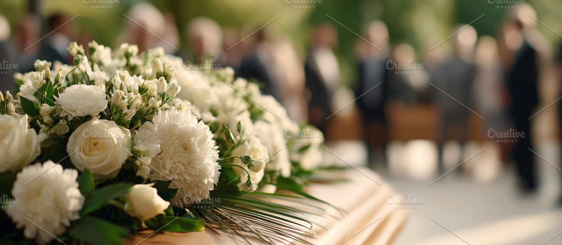 White flowers on a coffin during, a Nature Photo by MistyDay