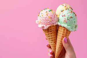 Ice cream with sprinkles in waffle cones in female hand, a Food & Drink Photo by AlyaAnd