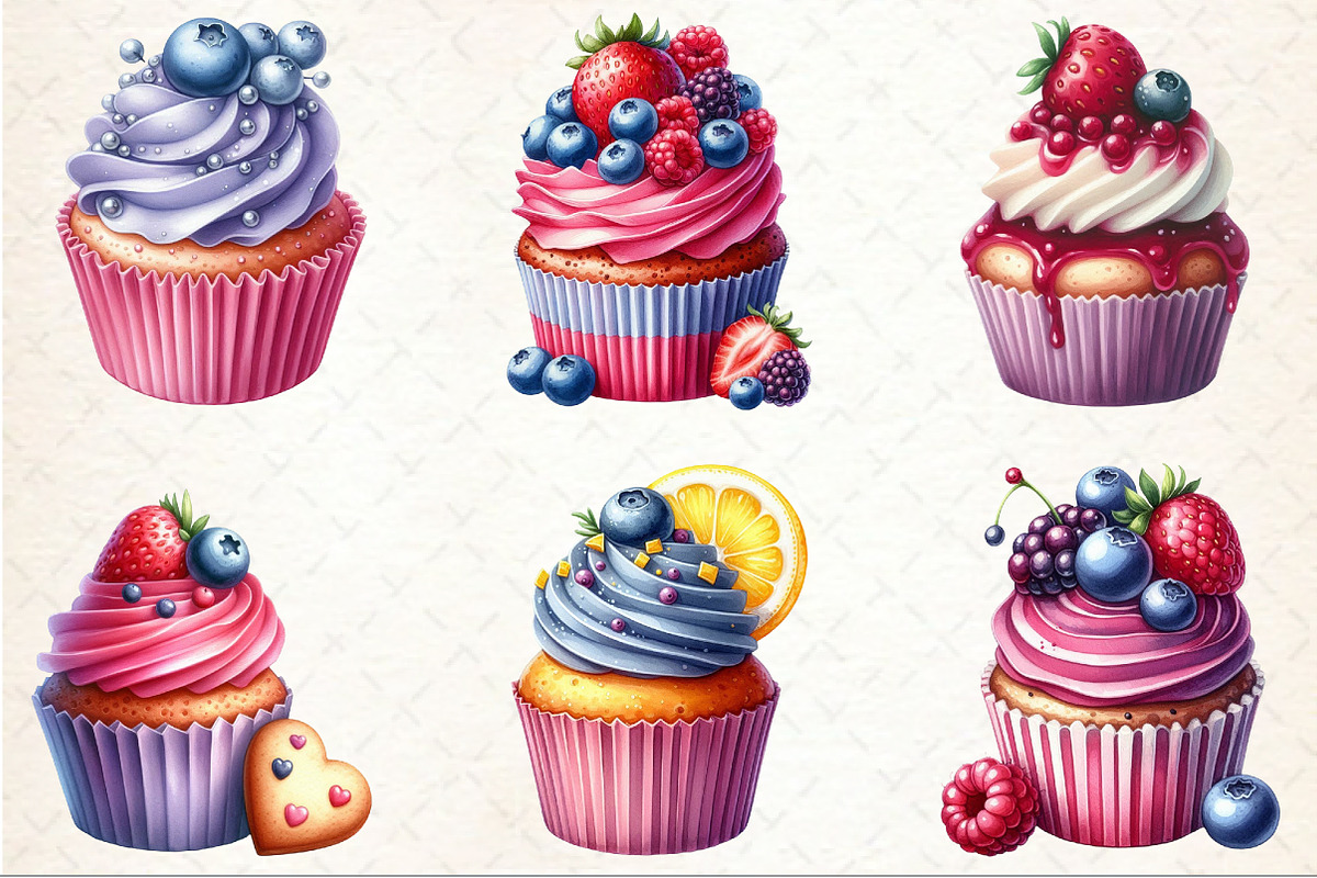 Watercolor Berry Cupcake Clipart, an Illustration by Rose Art (Photo 3 of 4)
