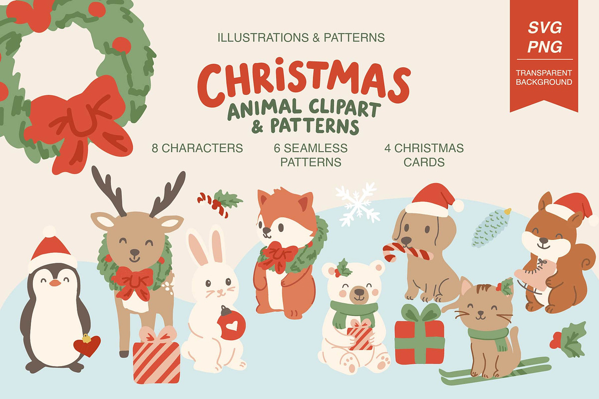 Christmas Animal Clipart & Patterns, an Animal Illustration by MayBay Studio (Photo 1 of 5)
