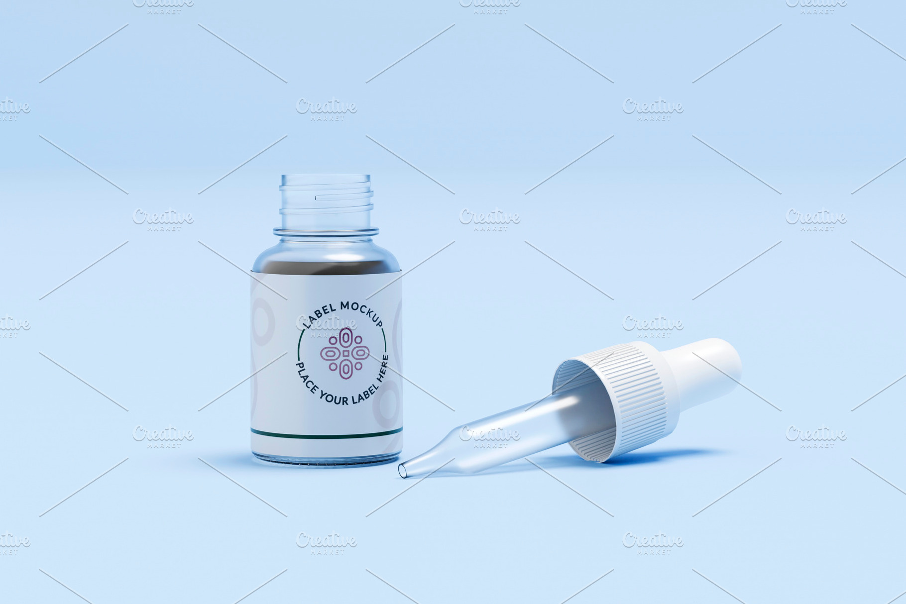 Glass dropper bottle with pipette on blue background, a Health & Medical Photo by RF Images