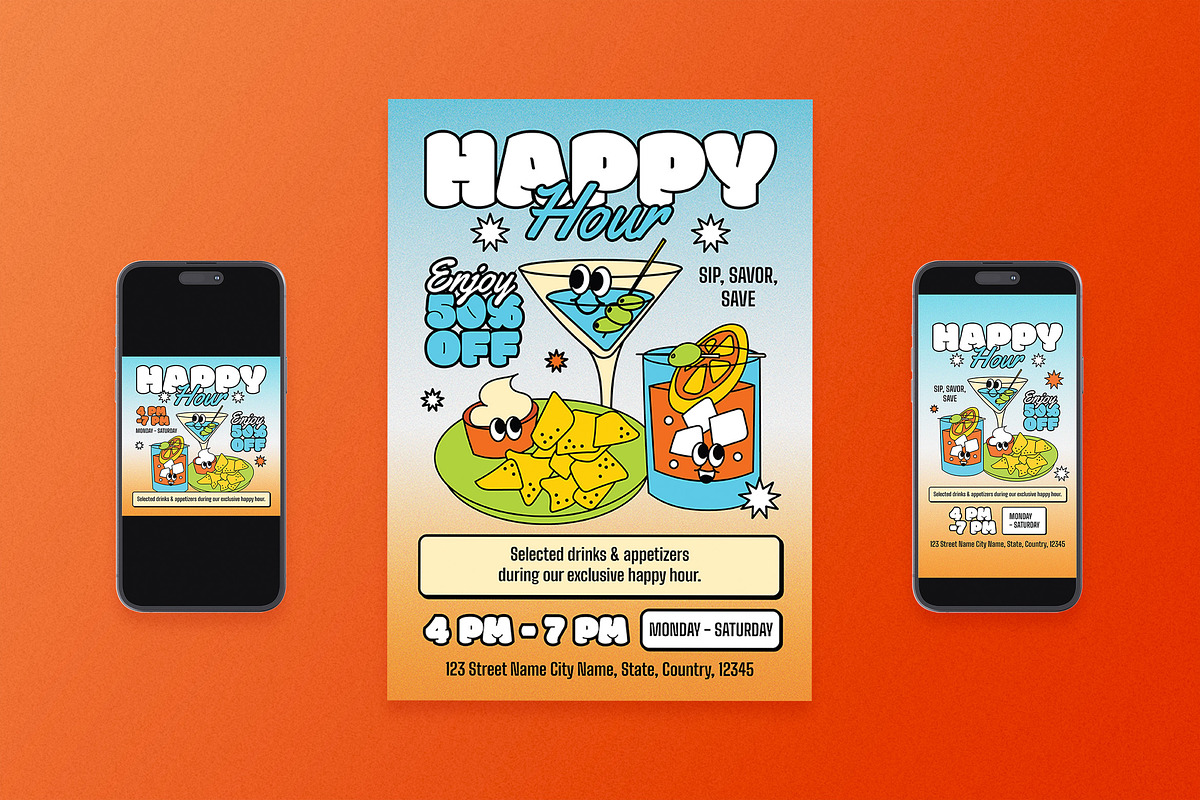 Modern Happy Hour Flyer Set, a Flyer Template by Aiyari Graphic (Photo 1 of 3)