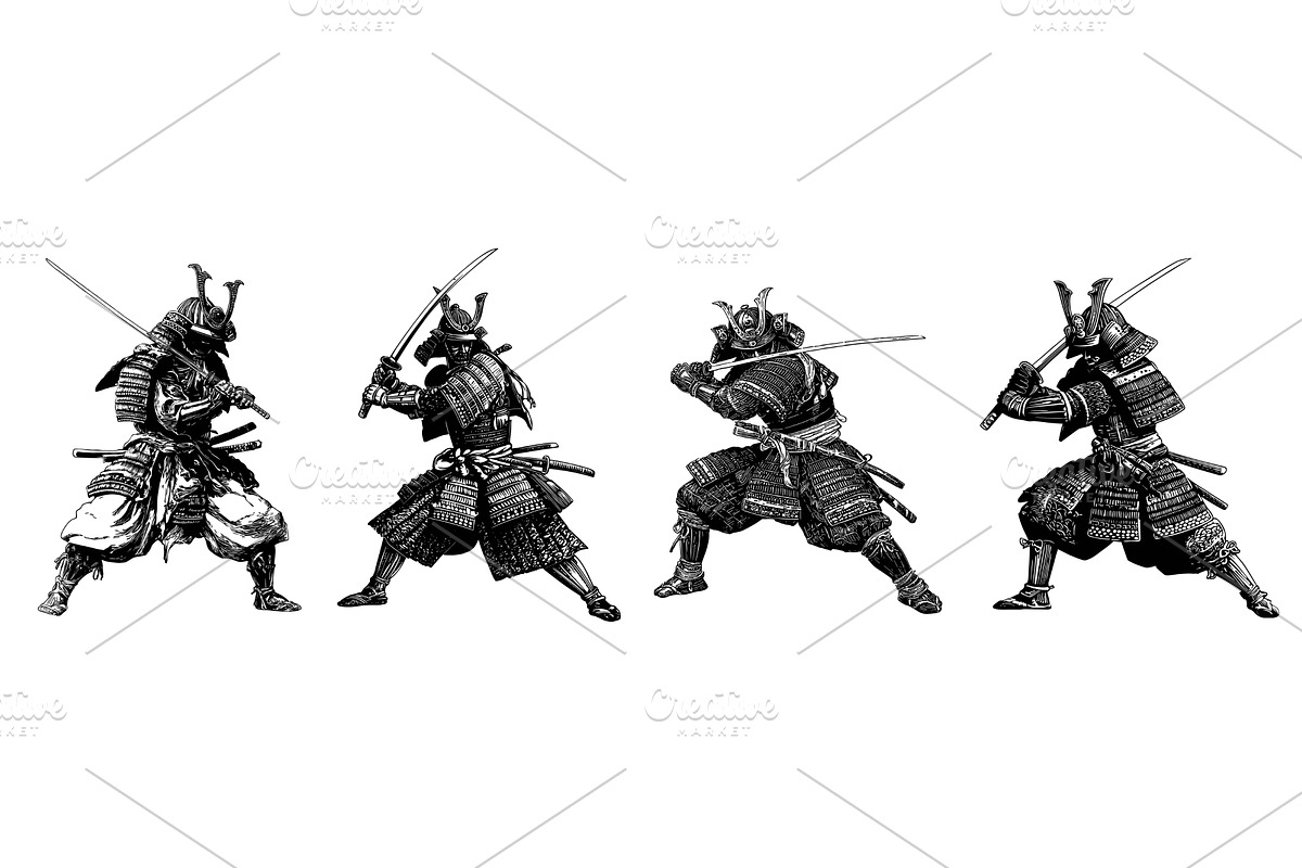 Samurai engraving set. Warrior in, an Object Illustration by Stock-Smart-Start