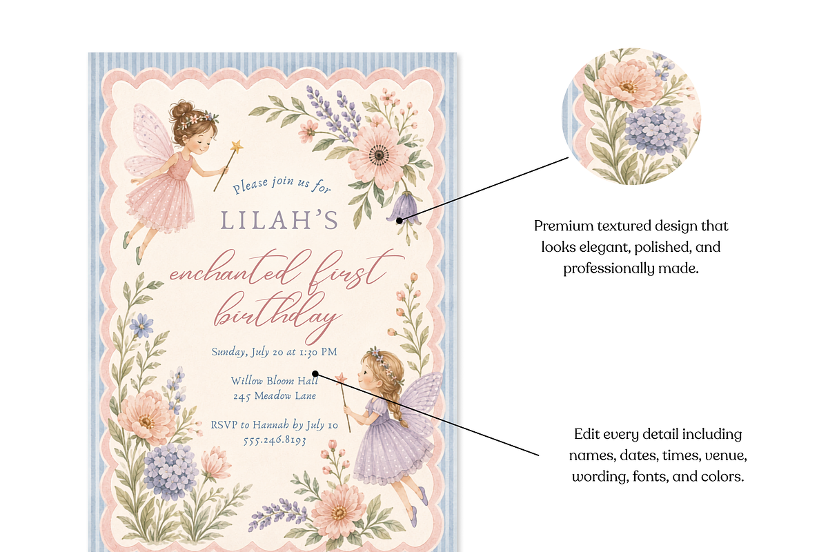 Fairy First Birthday Invitation, an Invitation Template by heynomi (Photo 4 of 18)