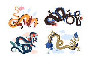 Asian, Chinese dragons set, cards, an Animal Illustration by PaperTrident