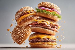 Stacked cheeseburgers with melting cheese, a Food & Drink Photo by AlyaAnd