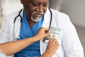 Black female hand putting money in doctor's pocket, a Photo by Prostock-Studio