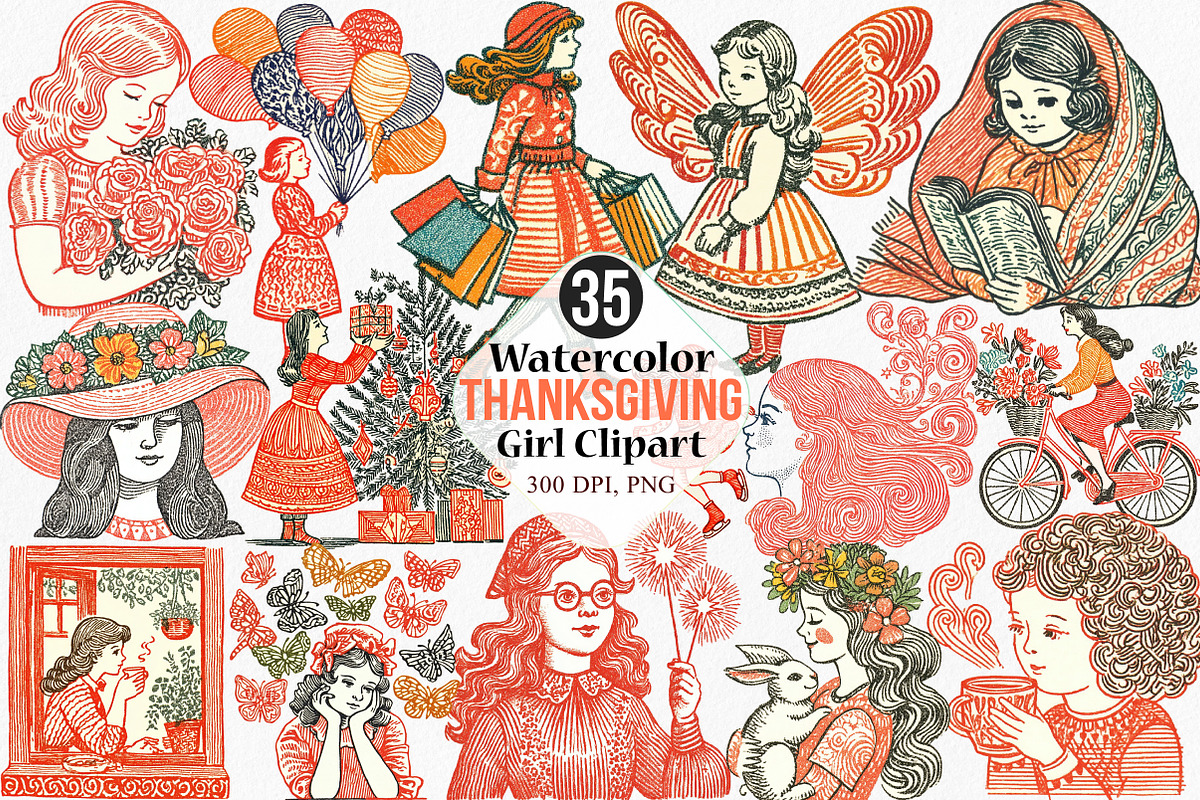 Watercolor Thanksgiving Girl Clipart, an Illustration by Canvas Craft (Photo 1 of 7)