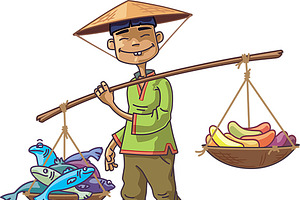 Asian Merchant with Fresh Fish and F