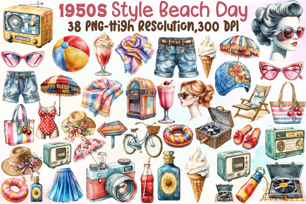 1950s Style Beach Day Clipart, an Illustration by Sublimation Artist (Photo 1 of 6)