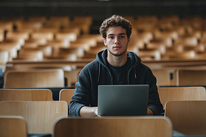 University student boy using laptop in lecture hall, a Photo by AlyaAnd