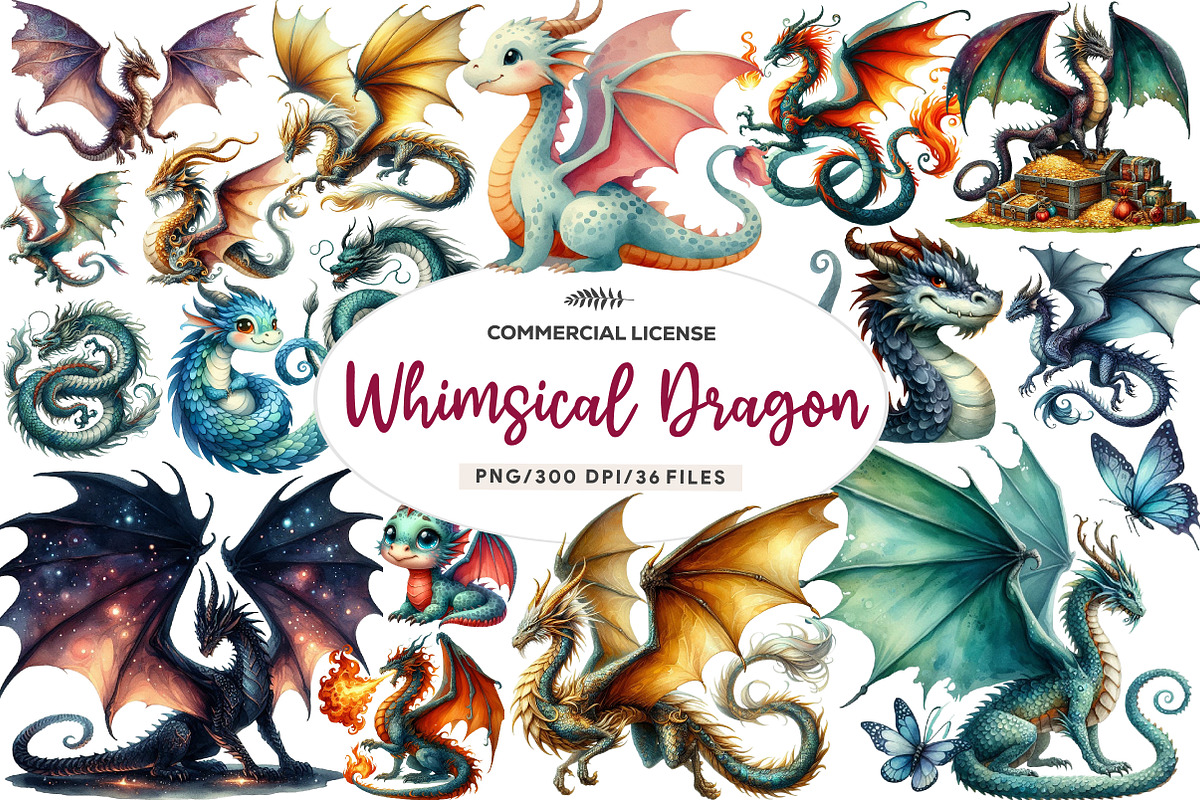Whimsical Dragon Clipart, an Illustration by CreationArt (Photo 1 of 5)