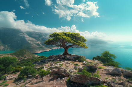 Majestic Old Cedar Tree Overlooking A Tranquil Blue Lake With Mountainous Backg, a Photo by AS photostudio