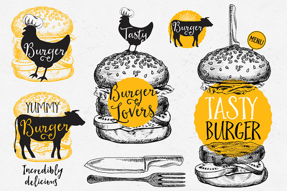Burgers Badges Fast Food Doodles