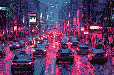 City traffic on a rainy evening with glowing lights and reflections, a Photo by AS photostudio