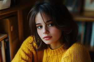 A young woman in a yellow sweater, a Photo by Pavel_design