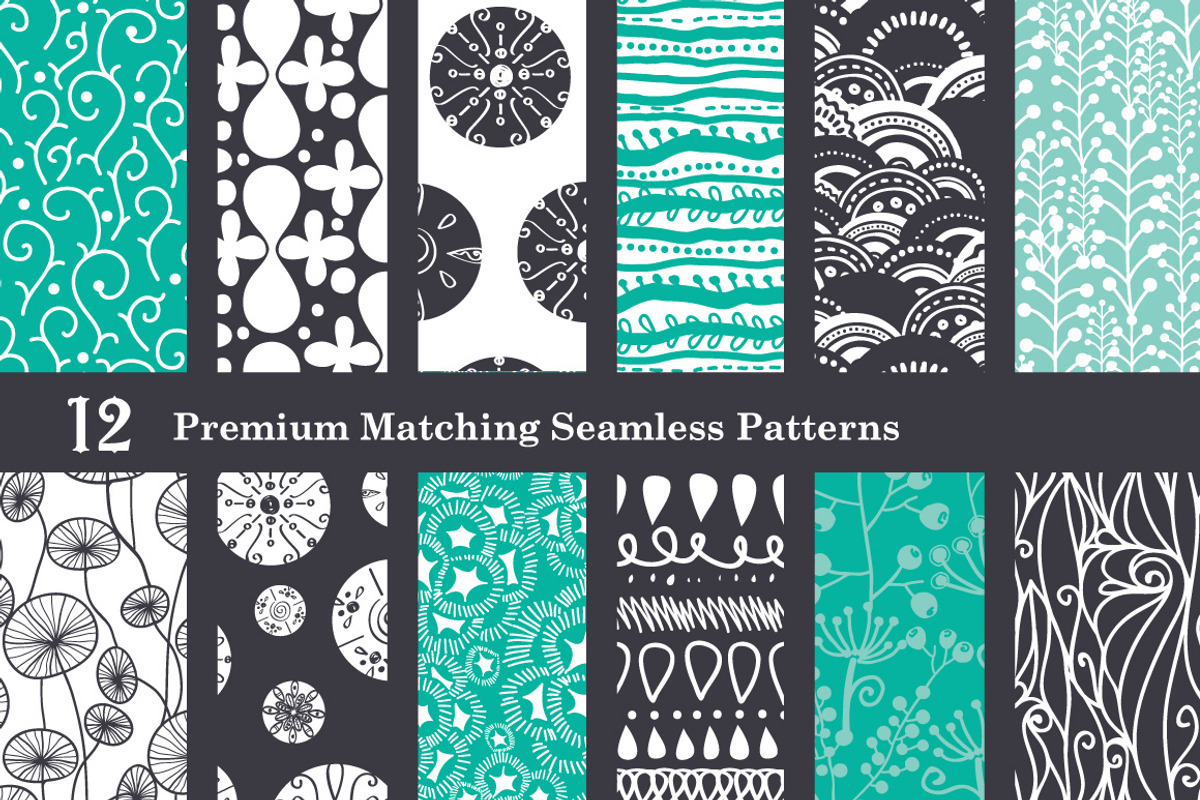 Black & Sea Foam Set of 12 Patterns, a Pattern Graphic by Oksancia's Surface Design (Photo 1 of 2)