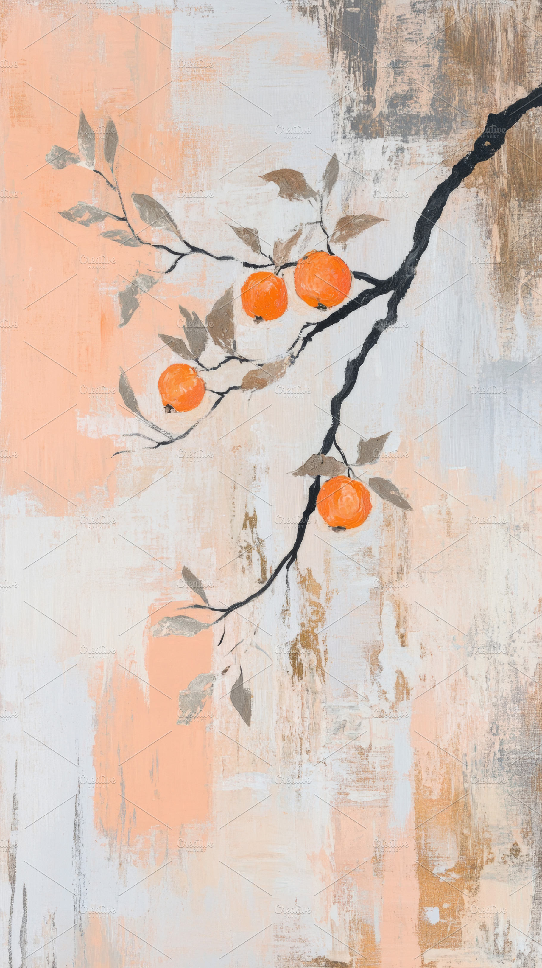 Artistic Depiction of Oranges on a Branch in Pastel Hues, an Abstract Photo by Natalia Klenova's Shop