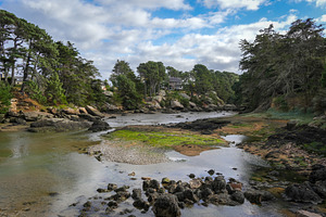 Forest lined tidal creek near granite houses in Tregastel, Franc, a Nature Photo by GoodGoods