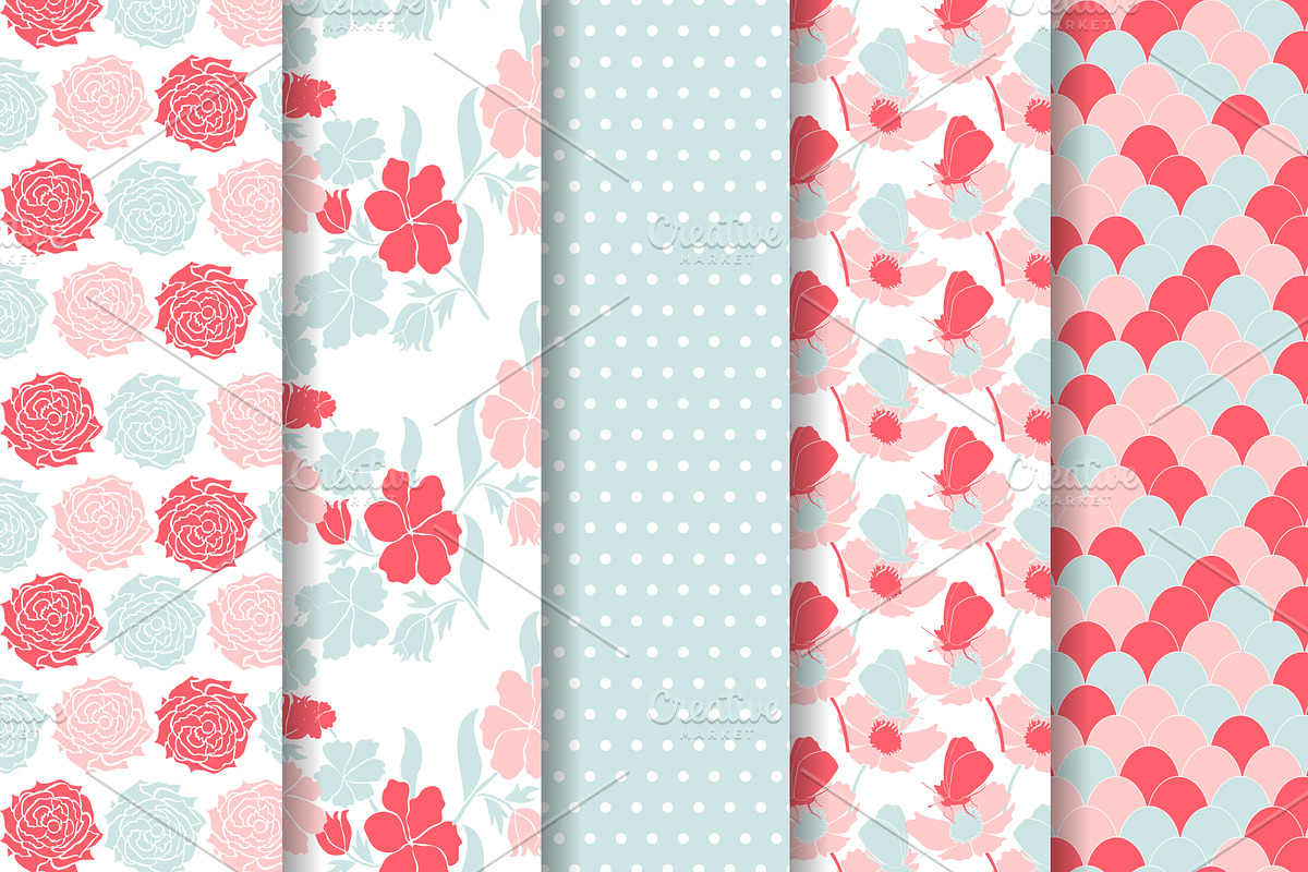 12 Pink Blue Floral Patterns Set preview 2