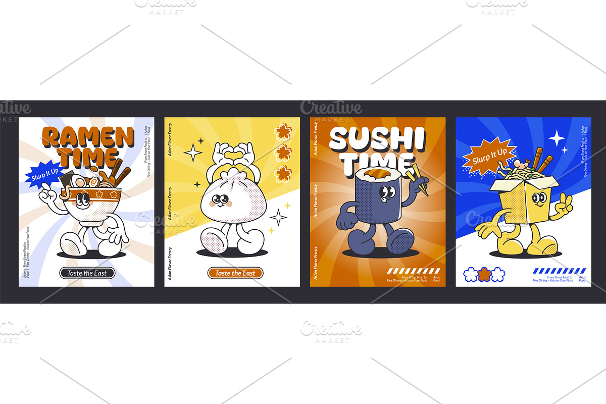 Set of retro sushi character posters, a Food Illustration by art PVP - market