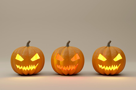 Halloween Pumpkins in a row isolated on white background. 3D Ren, a Holiday Photo by RF Images