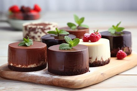 Chocolate cheesecake with berries on white background, a Food & Drink Photo by AlyaAnd
