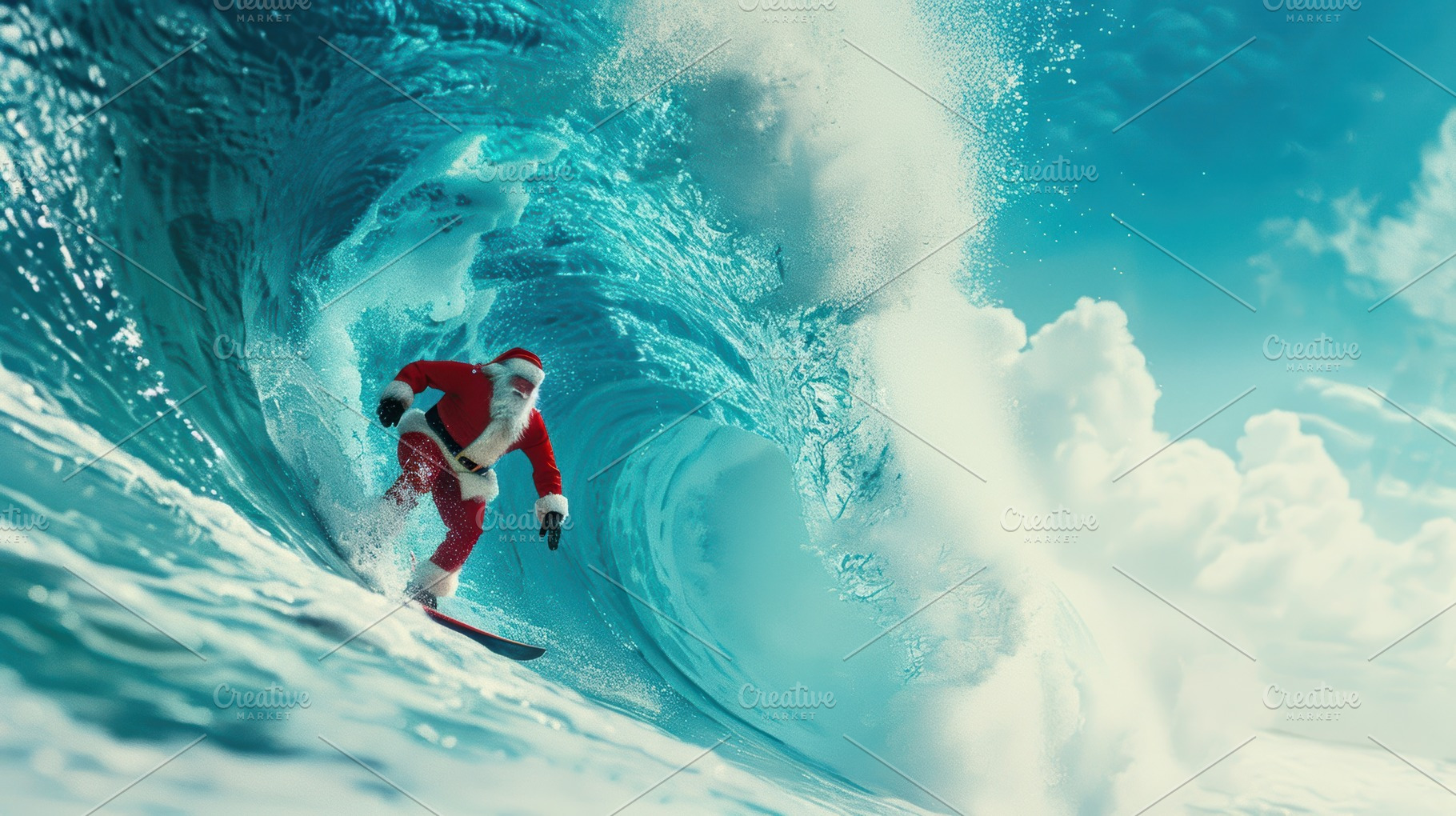 Santa Claus surfing inside a large wave. Digital artwork. Christmas holiday and, a Holiday Photo by Mashimara