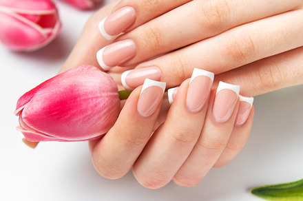 Woman holding pink tulip showing french manicure and diamond rin