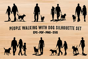 People Walking with Dog vector Set, an Animal Illustration by Gfx Expert Team