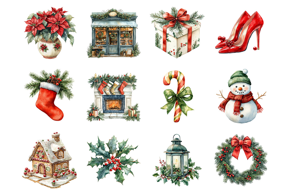 Watercolor Classic Christmas Clipart, an Illustration by SinaCreation (Photo 2 of 7)