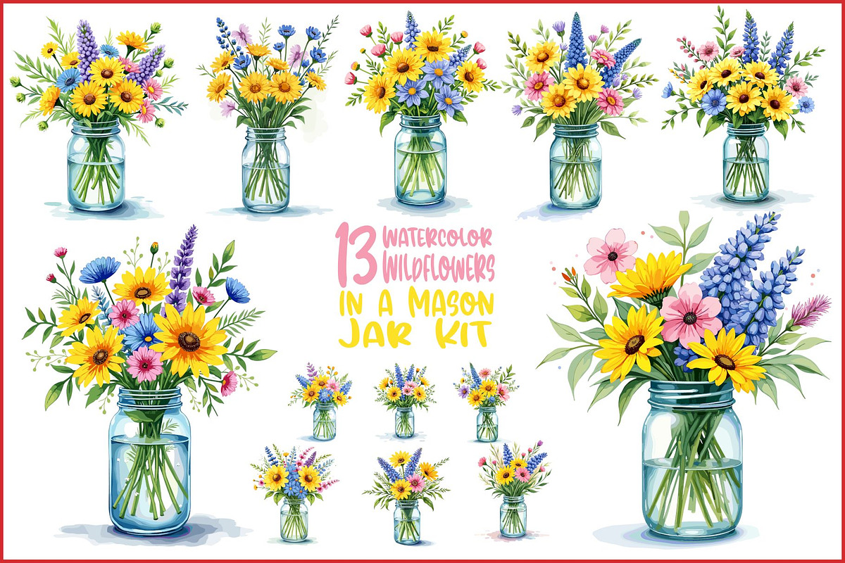 Wildflowers in Mason Jar Clipart Set, an Illustration by hafijul (Photo 1 of 14)